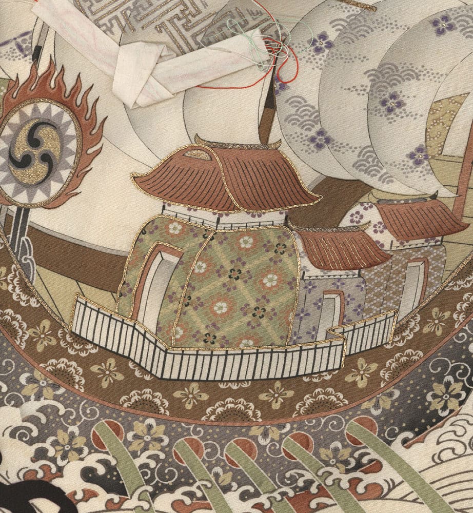 Traditional Japanese art with ornate boat, floral patterns, and decorative elements