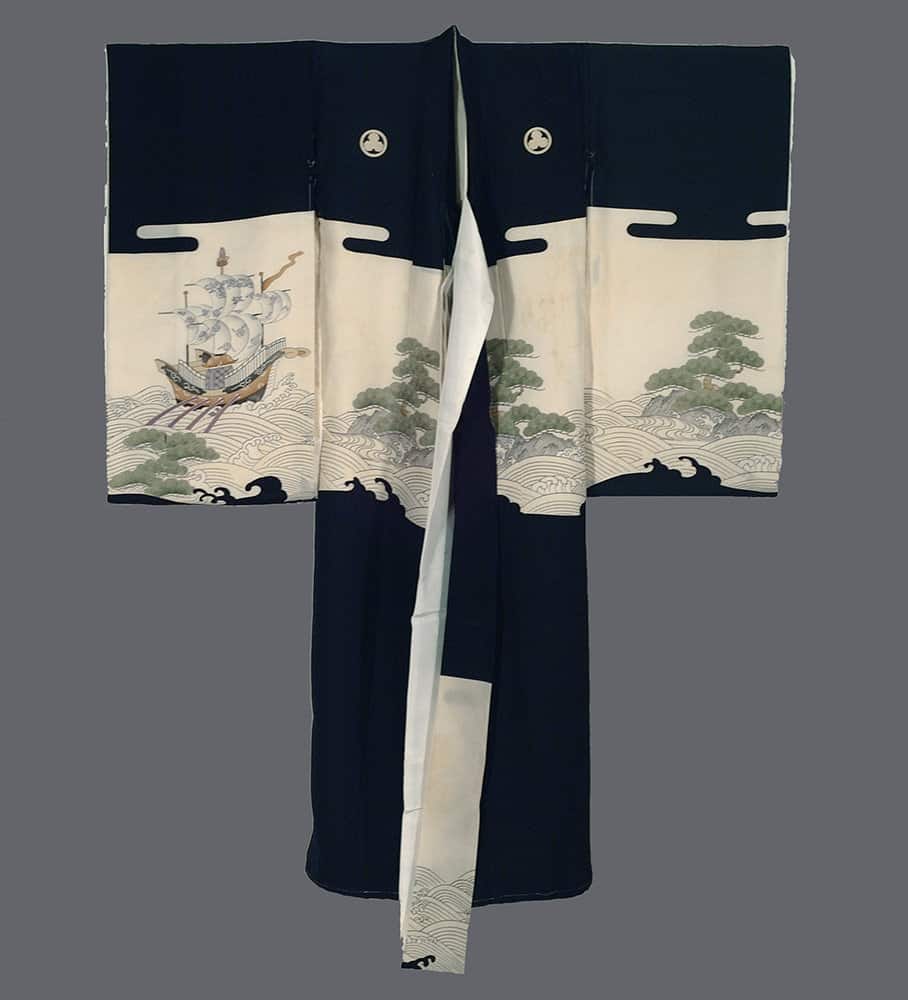 Black and white Japanese kimono with nautical scene of ship and waves