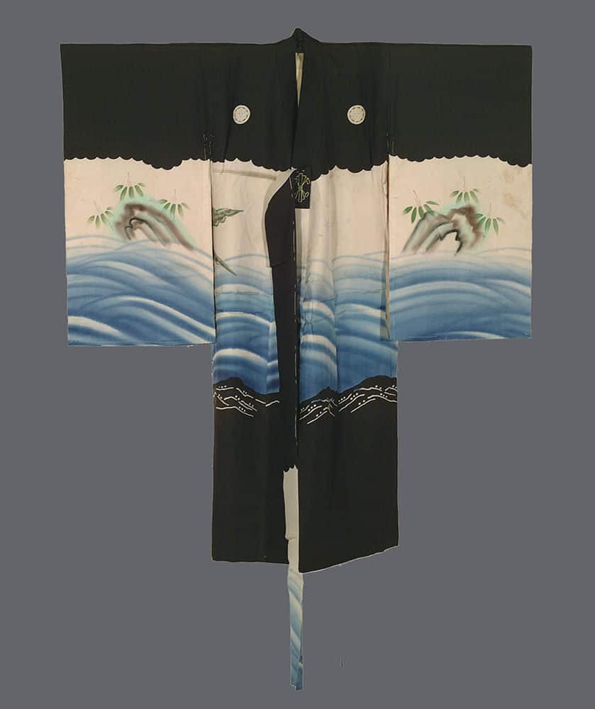 Traditional Japanese kimono with waves, mountains, and bamboo landscape design