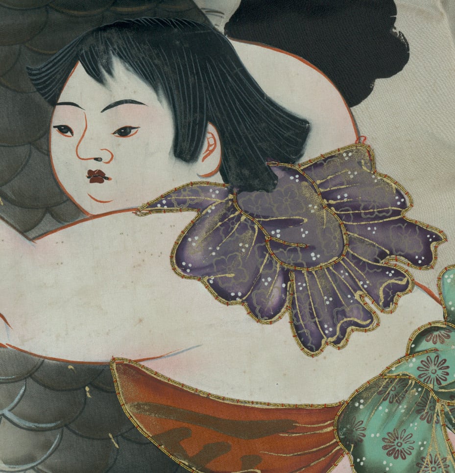 Traditional Japanese artwork of a woman with decorative purple flower