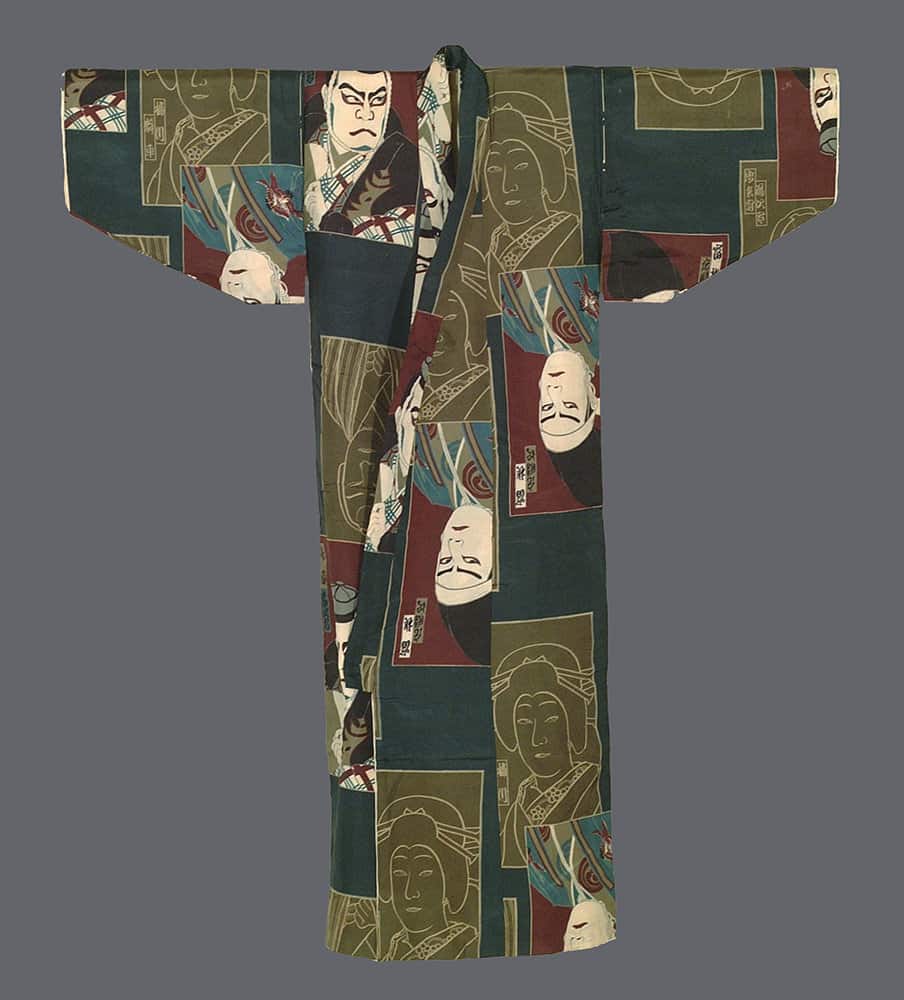 Traditional Japanese kimono with patchwork of kabuki actor portraits