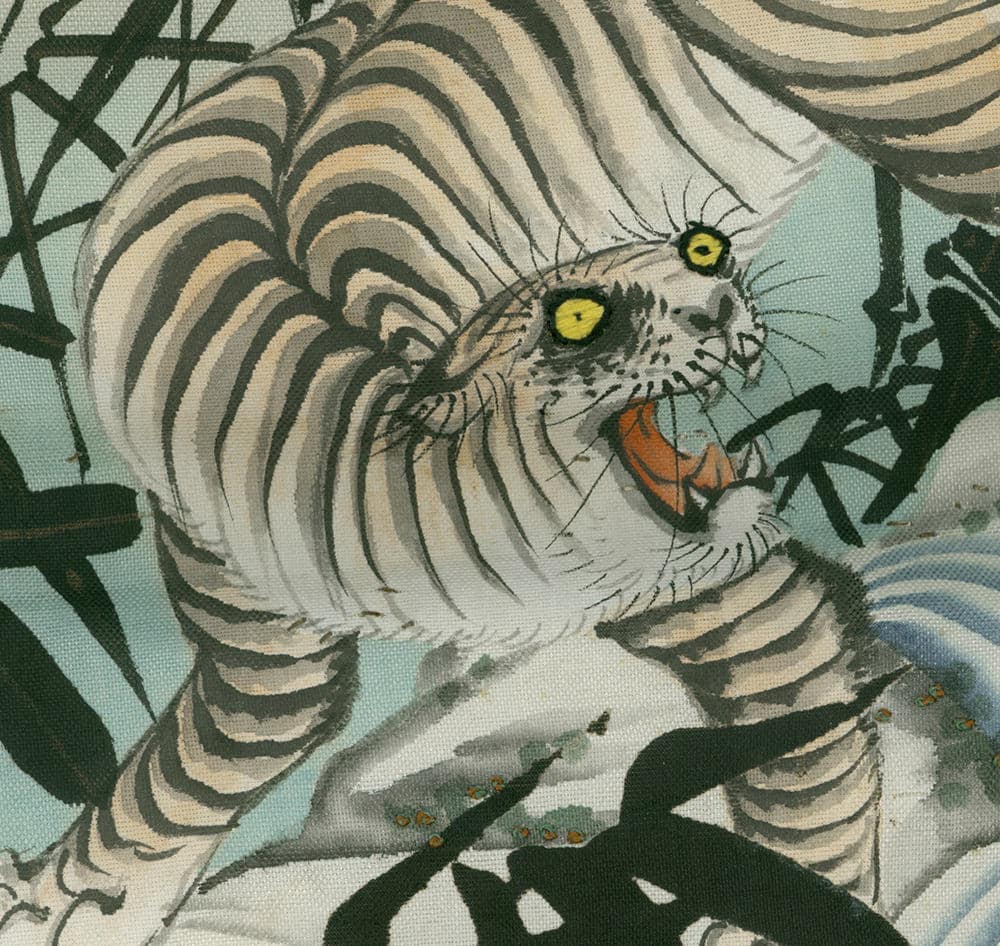 Artistic white tiger with yellow eyes roaring among bamboo leaves