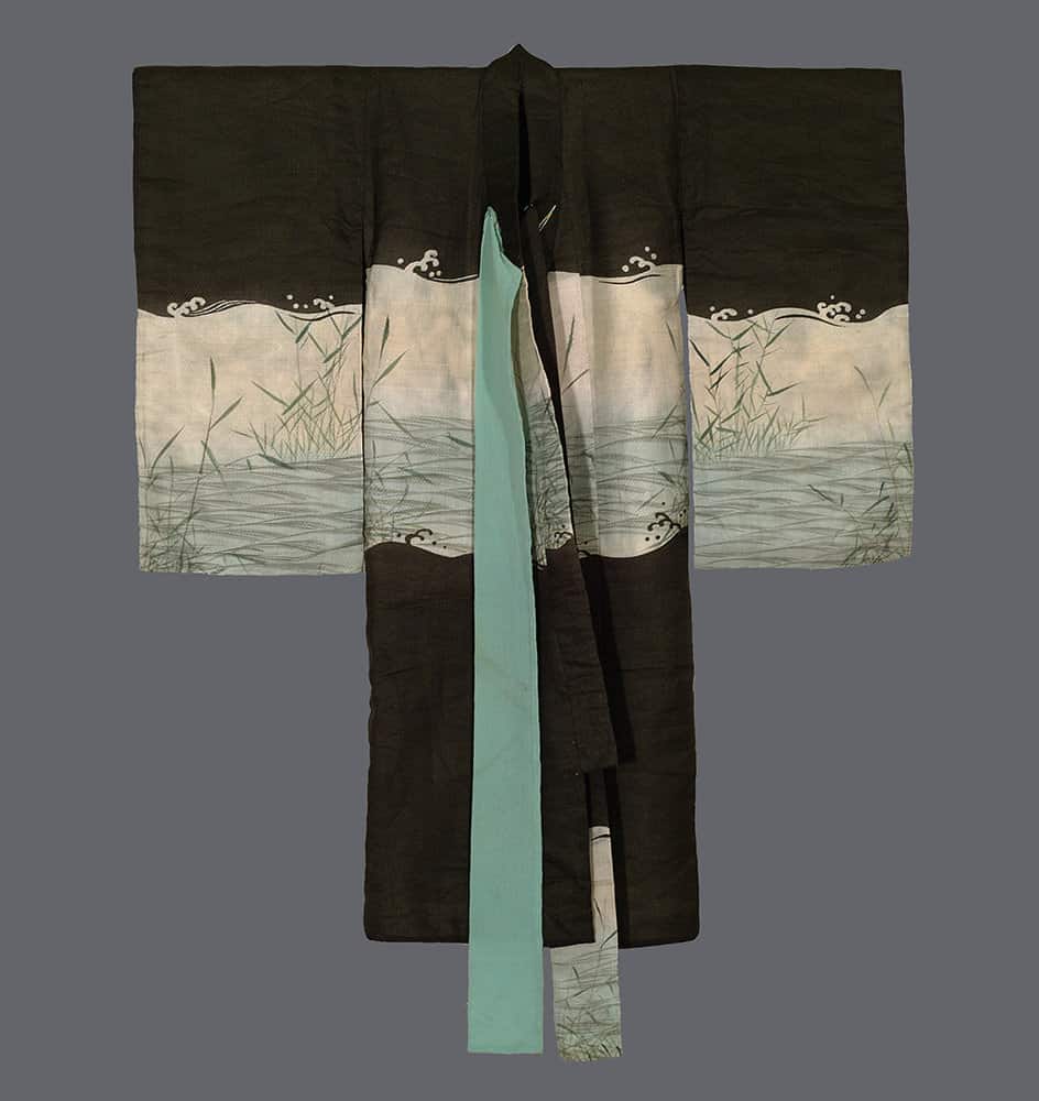 Traditional Japanese kimono with water and reed design in black and mint green