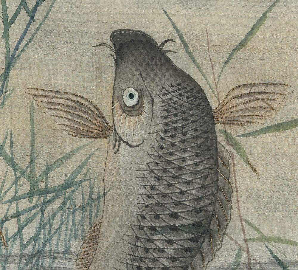 Gray koi fish swimming among reeds in traditional Japanese artwork