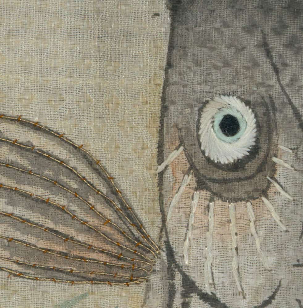 Textured artwork with abstract eye-like form and feathered organic lines