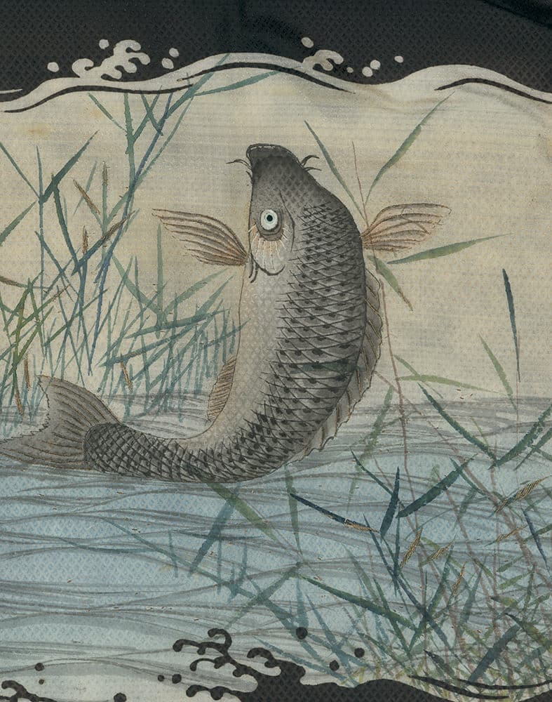 Japanese woodblock print of a koi fish jumping amid reeds