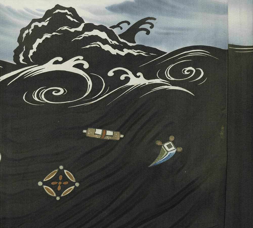 Stylized dark seascape with curling waves and floating objects