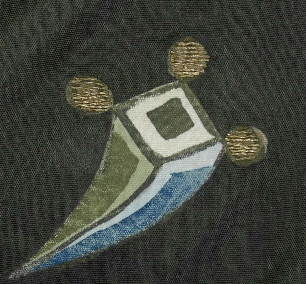 Abstract geometric bird with textured gold spheres on dark background