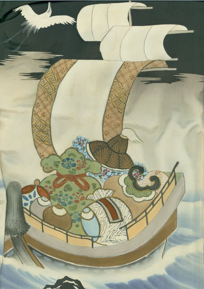 Japanese boat with white sails, seabird, and stylized cargo and waves
