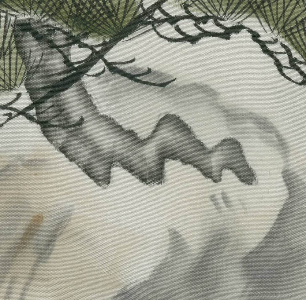 Soft monochrome sketch of fish swimming under palm-like leaves