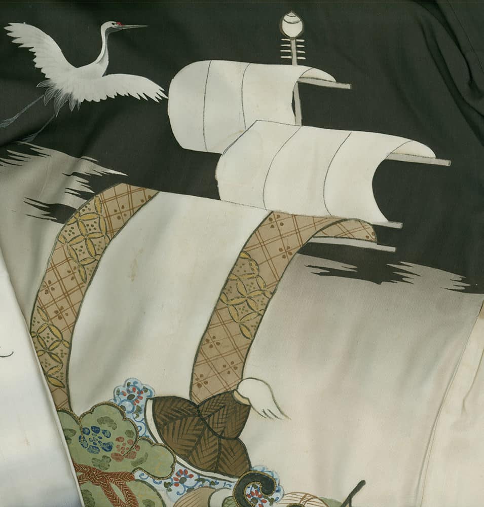 White crane flying near stylized Japanese-style sailing ship with decorative patterns