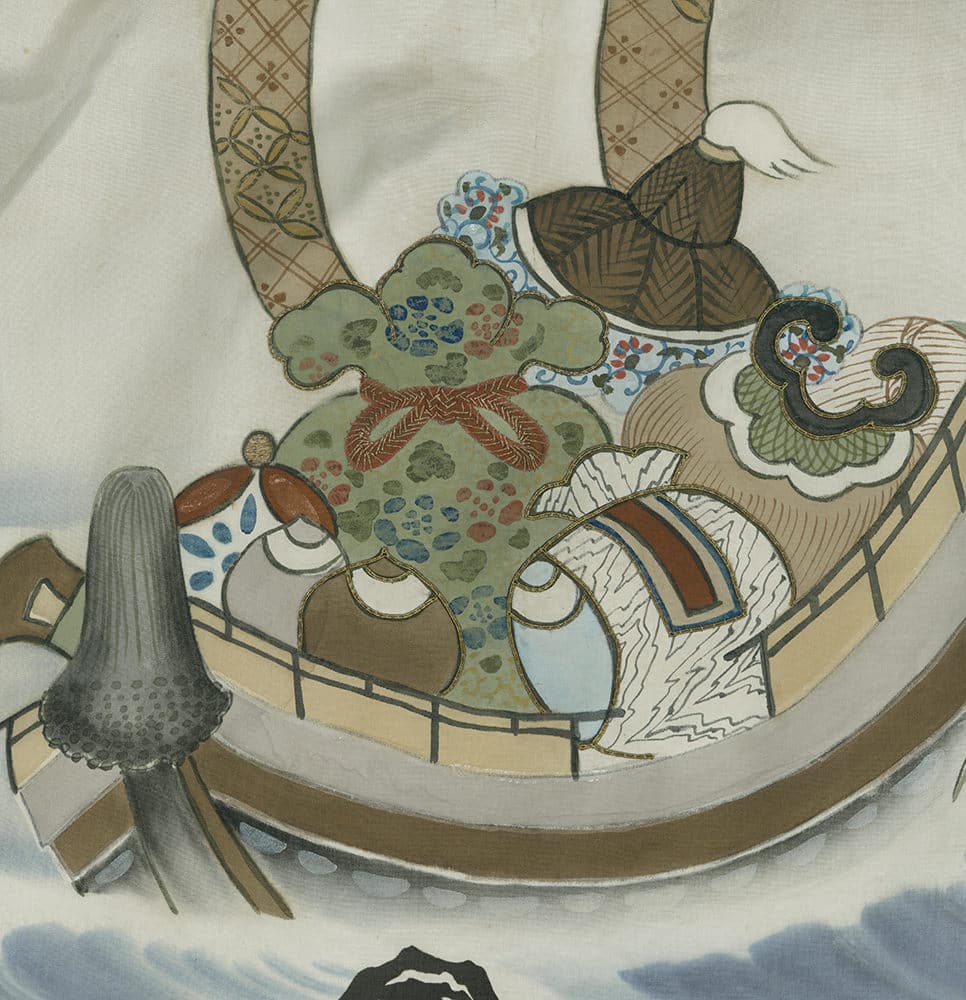 Traditional Japanese artwork of stylized figures on a boat with decorative patterns