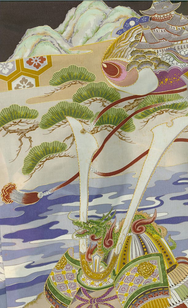 Colorful Japanese art with dragon, mountains, pagoda, and stylized landscape