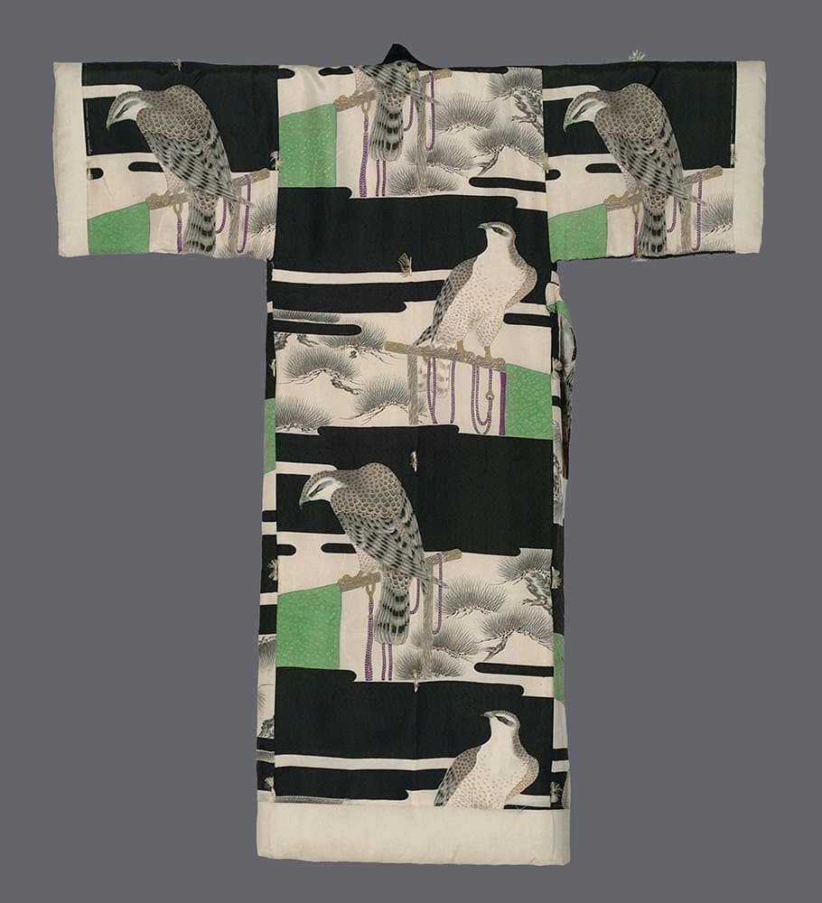 Japanese kimono with geometric design and birds on branches