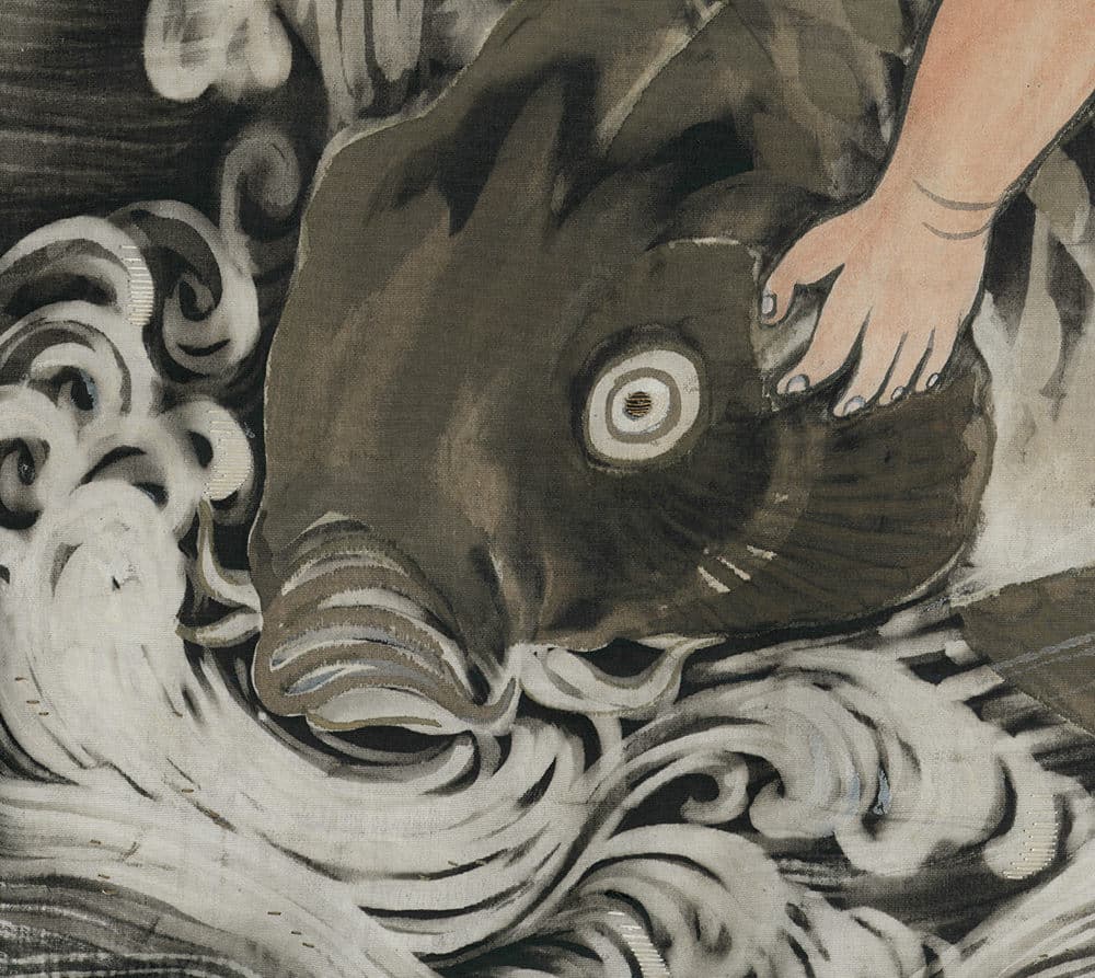 Large fish with hand touching, surrounded by swirling monochrome waves