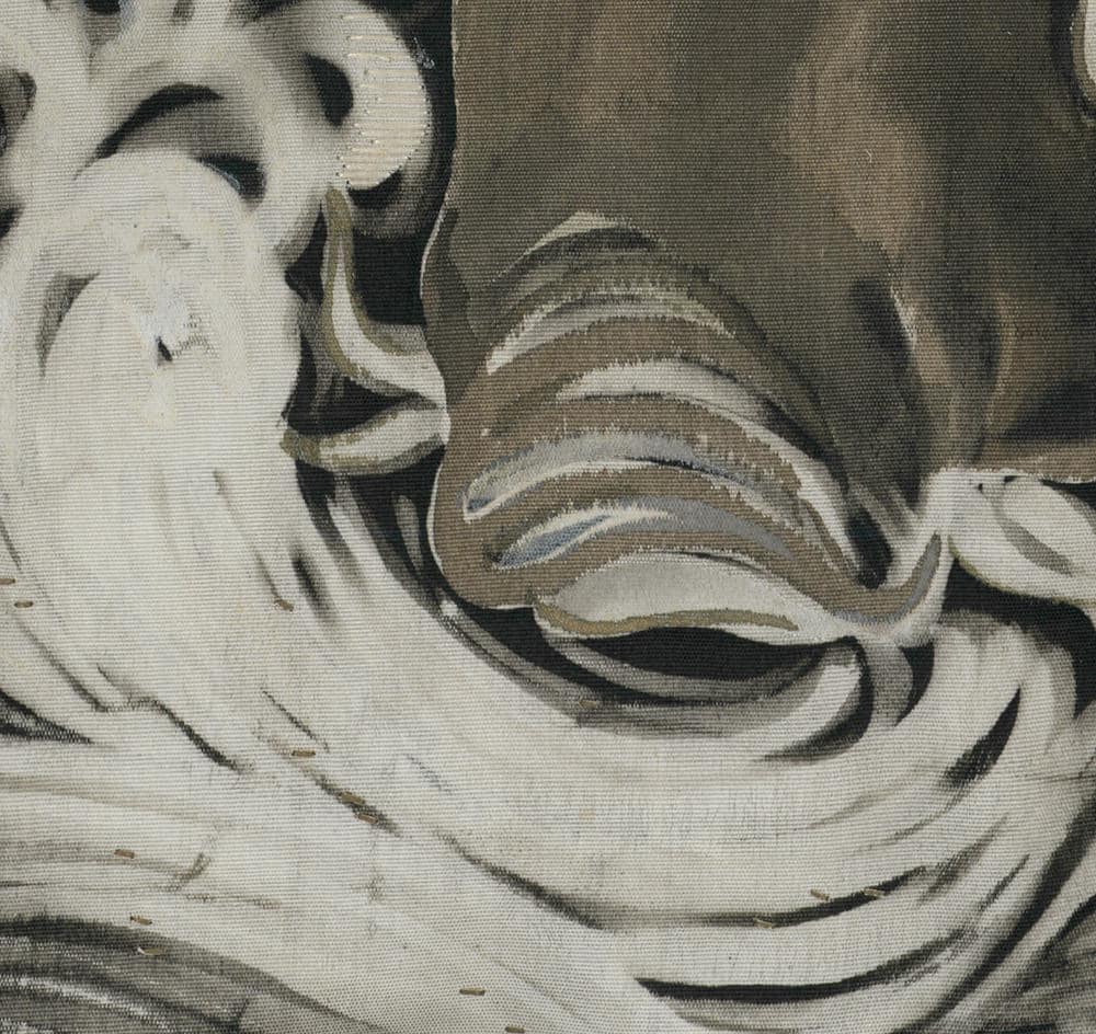 Abstract black and white swirling textile with curved organic shapes