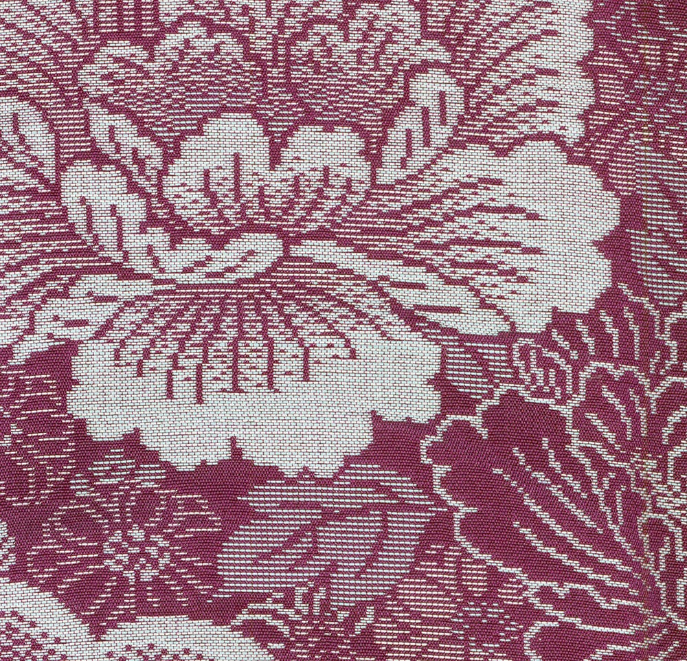 Burgundy and white floral damask fabric with intricate woven pattern