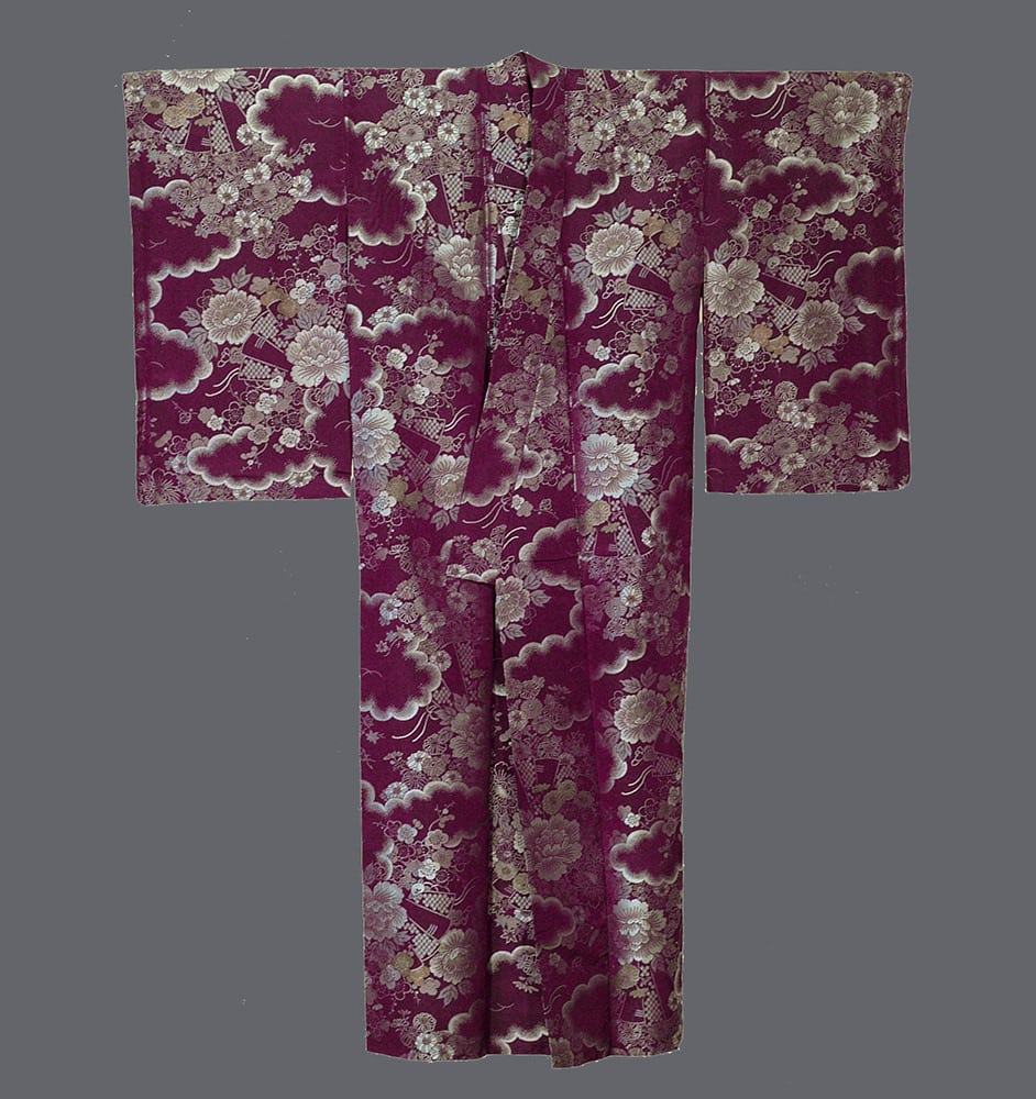 Vintage Japanese kimono with burgundy and silver floral cloud pattern