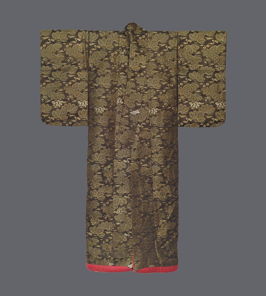 Vintage Japanese kimono with gold leaf floral brocade pattern