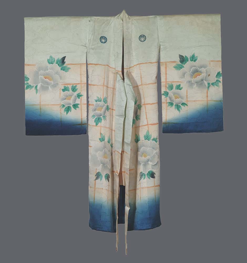 Vintage Japanese kimono with white peonies and blue gradient background