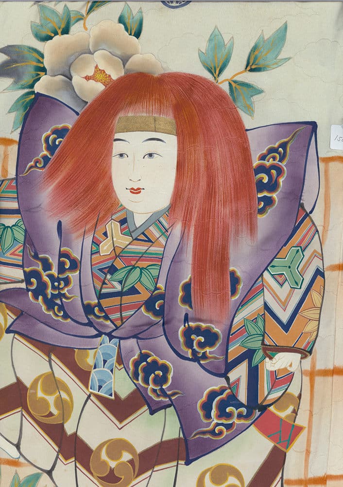 Traditional Japanese illustration of woman in colorful kimono with flower