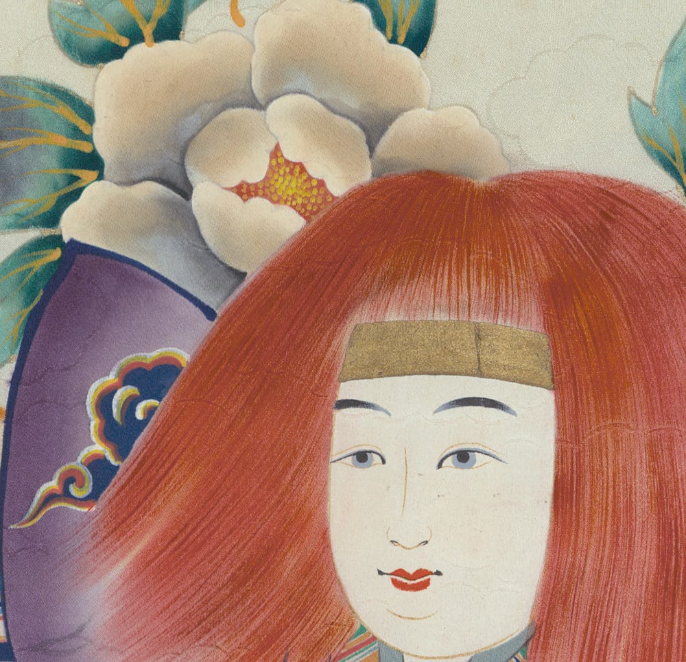 Stylized Asian-inspired illustration of a woman with red hair and flower