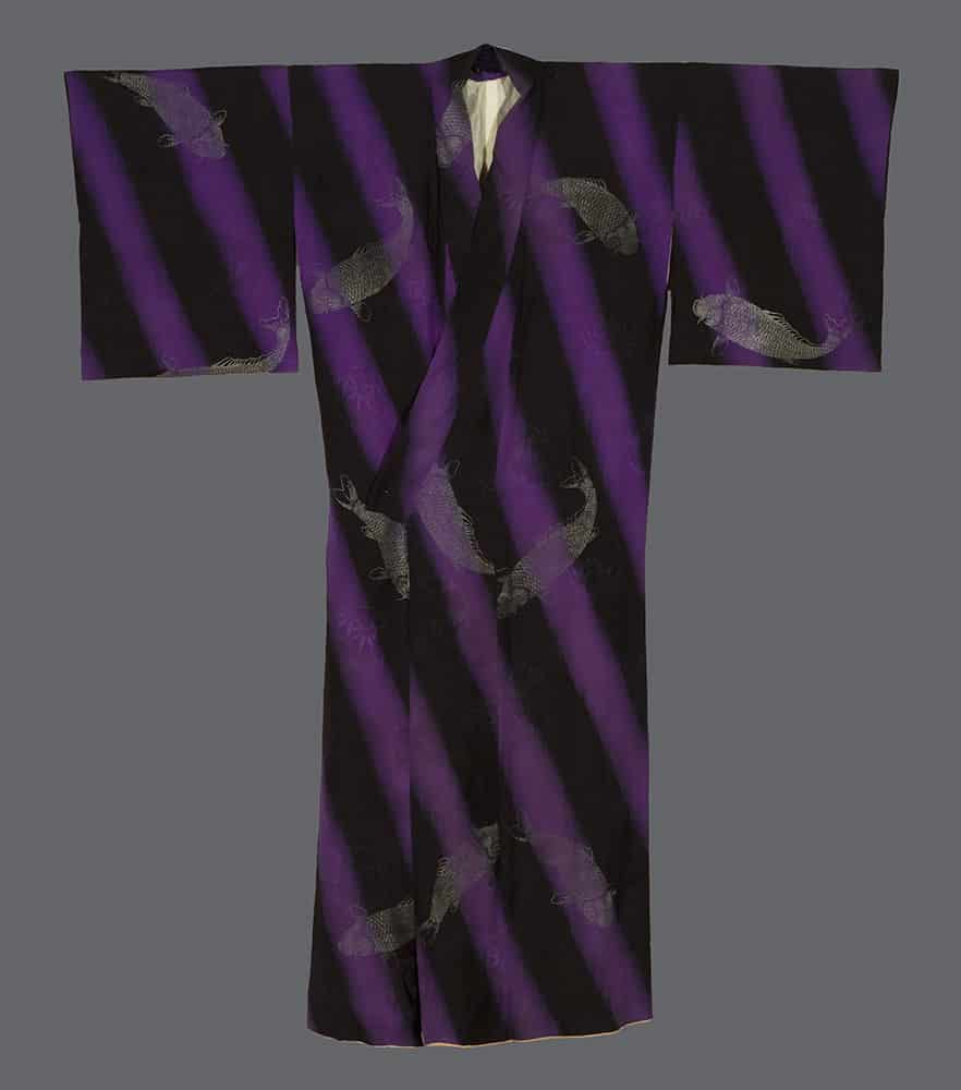 Purple and black Japanese kimono with gray fish motif