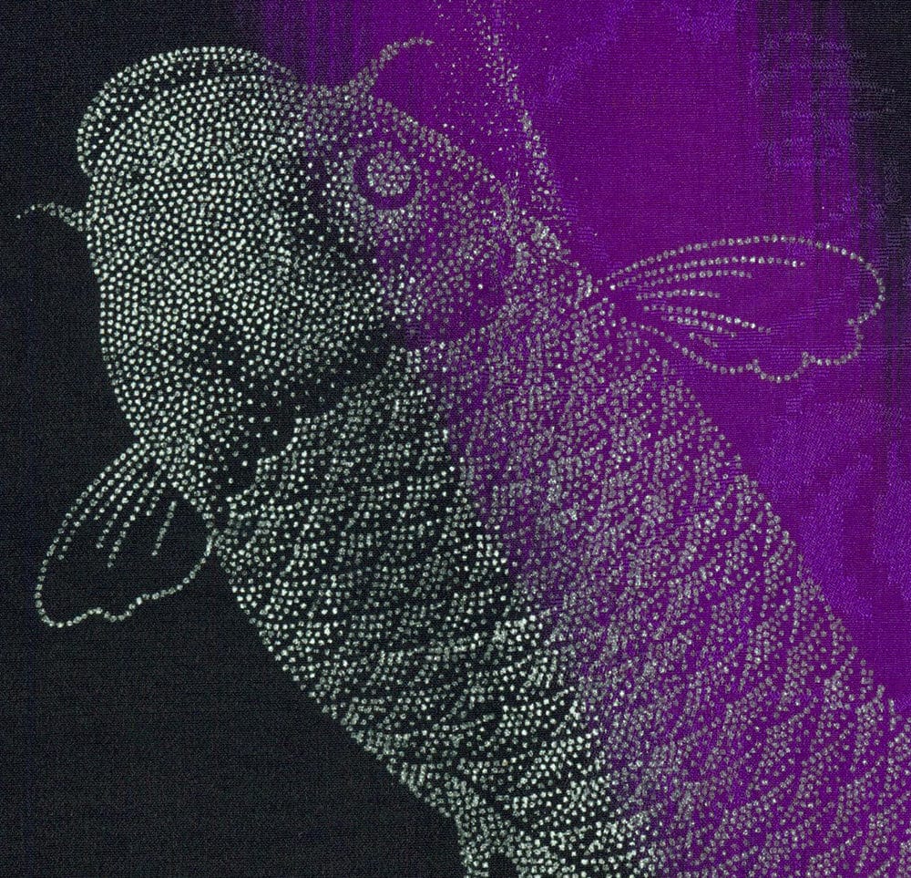 Pointillistic butterfly silhouette in black and purple against textured background