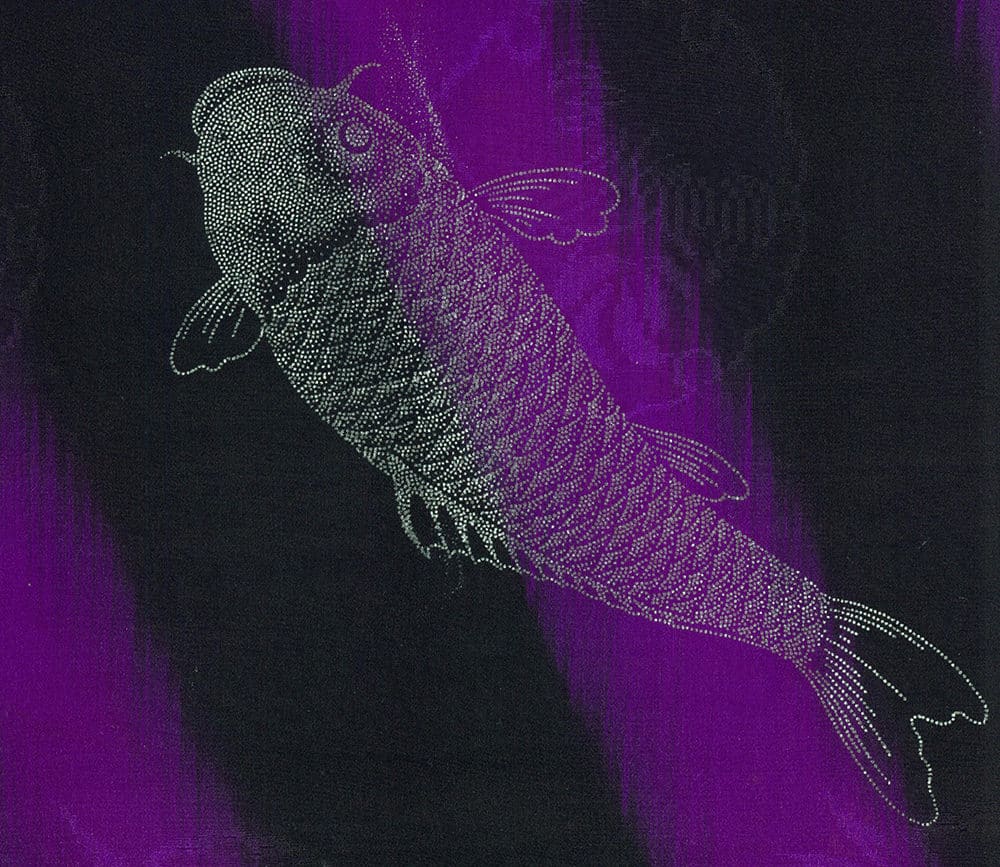 Dotted koi fish illustration in silver and purple against dark background