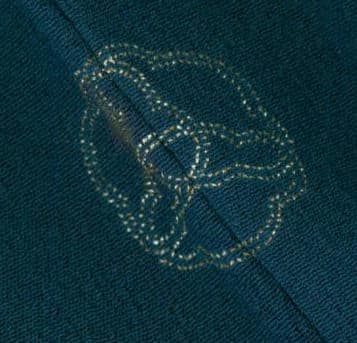 Decorative knot embroidered with metallic threads on dark teal fabric