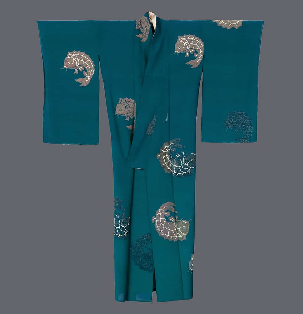 Teal Japanese kimono with decorative koi fish pattern