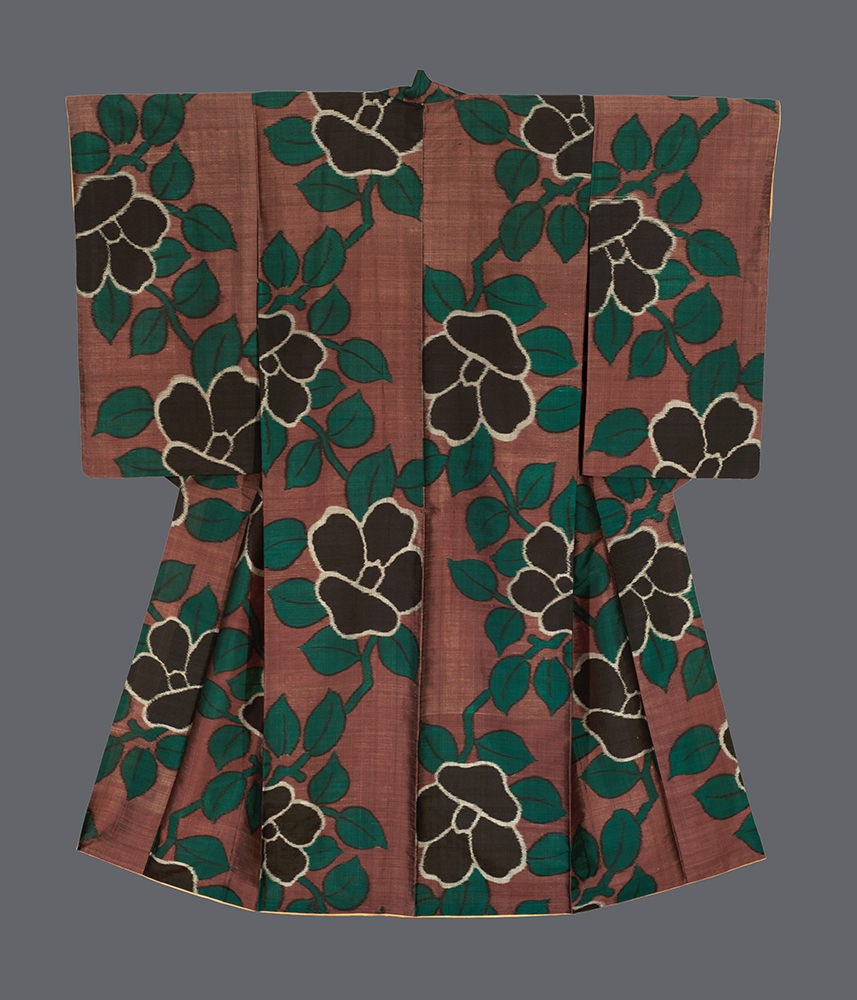 Vintage Japanese kimono with dark green and brown floral pattern