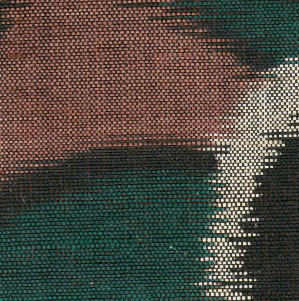 Textured woven fabric with green, pink, and white mesh pattern