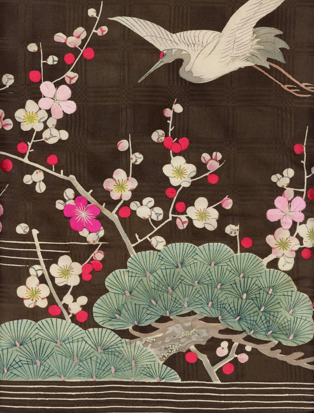 White crane flying over cherry blossoms and pine branches in traditional Japanese art