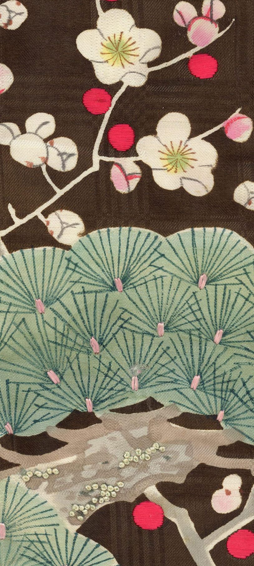 Japanese textile with cherry blossoms, fan patterns, and red berries