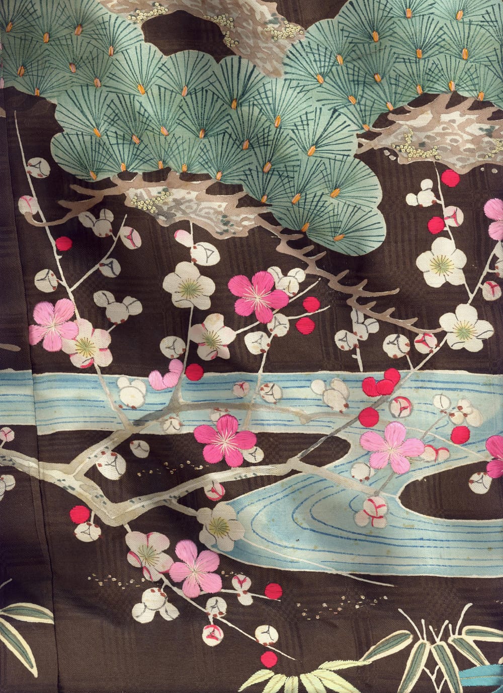 Japanese textile with cherry blossoms, pine fans, and blue flowing water