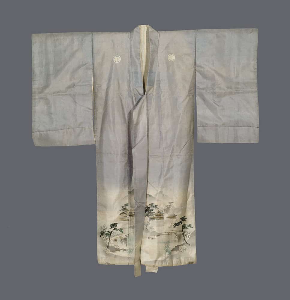 Vintage Japanese kimono with landscape scene in soft gray tones