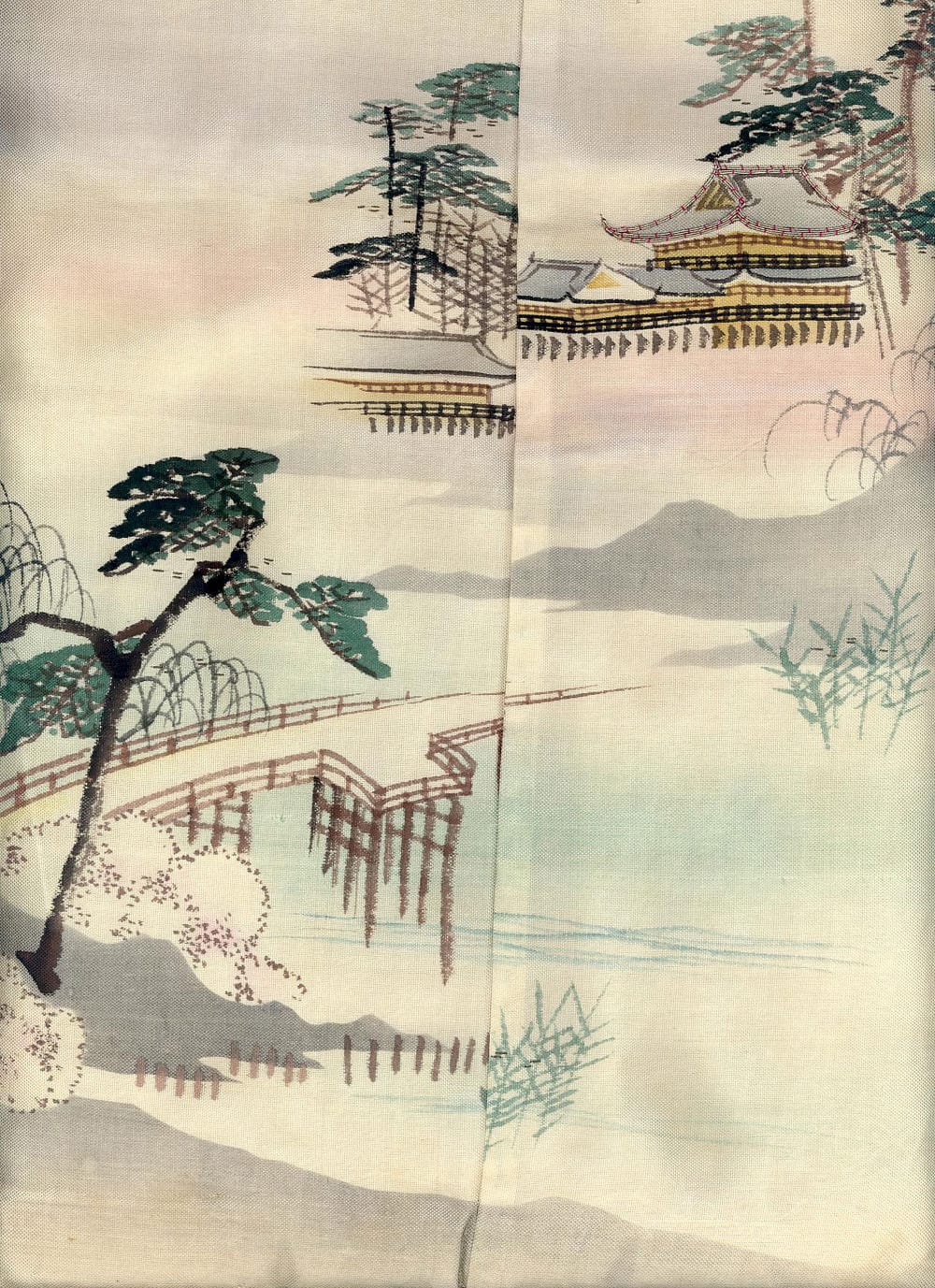 Traditional Japanese landscape with pagoda, trees, mountains, and water