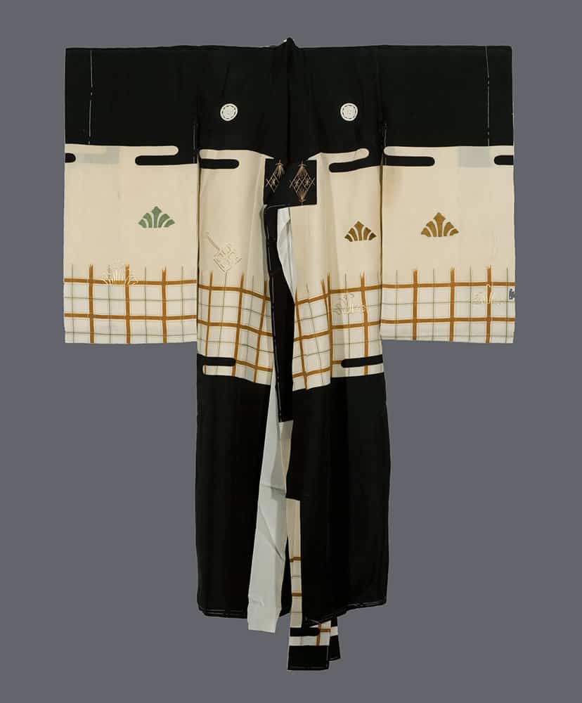 Traditional black and white Japanese kimono with geometric patterns
