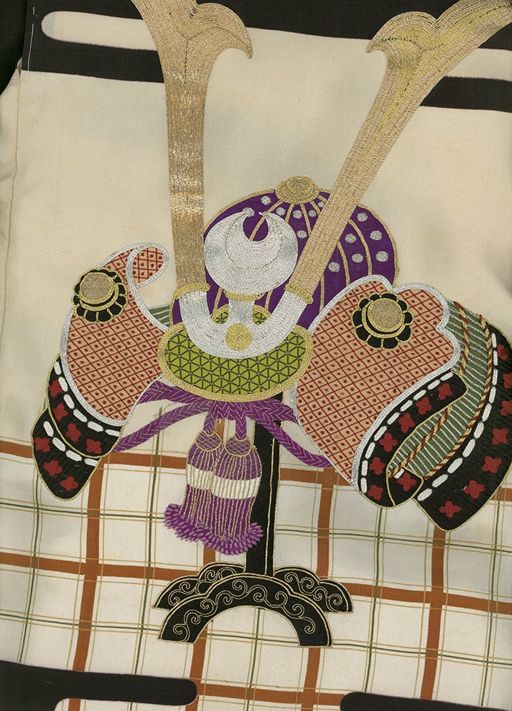 Intricate Japanese kabuto helmet design with purple, gold, and geometric patterns