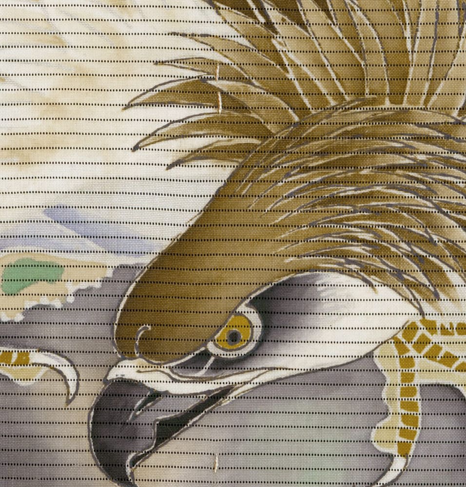 Detailed eagle portrait with yellow eye, textured golden and gray background