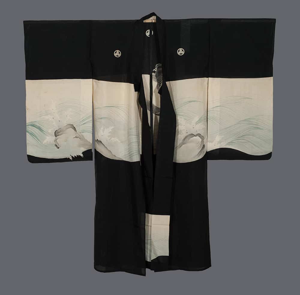 Black and white Japanese kimono with wave and crane design