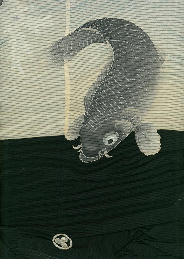 Japanese woodblock print of a stylized gray koi fish swimming
