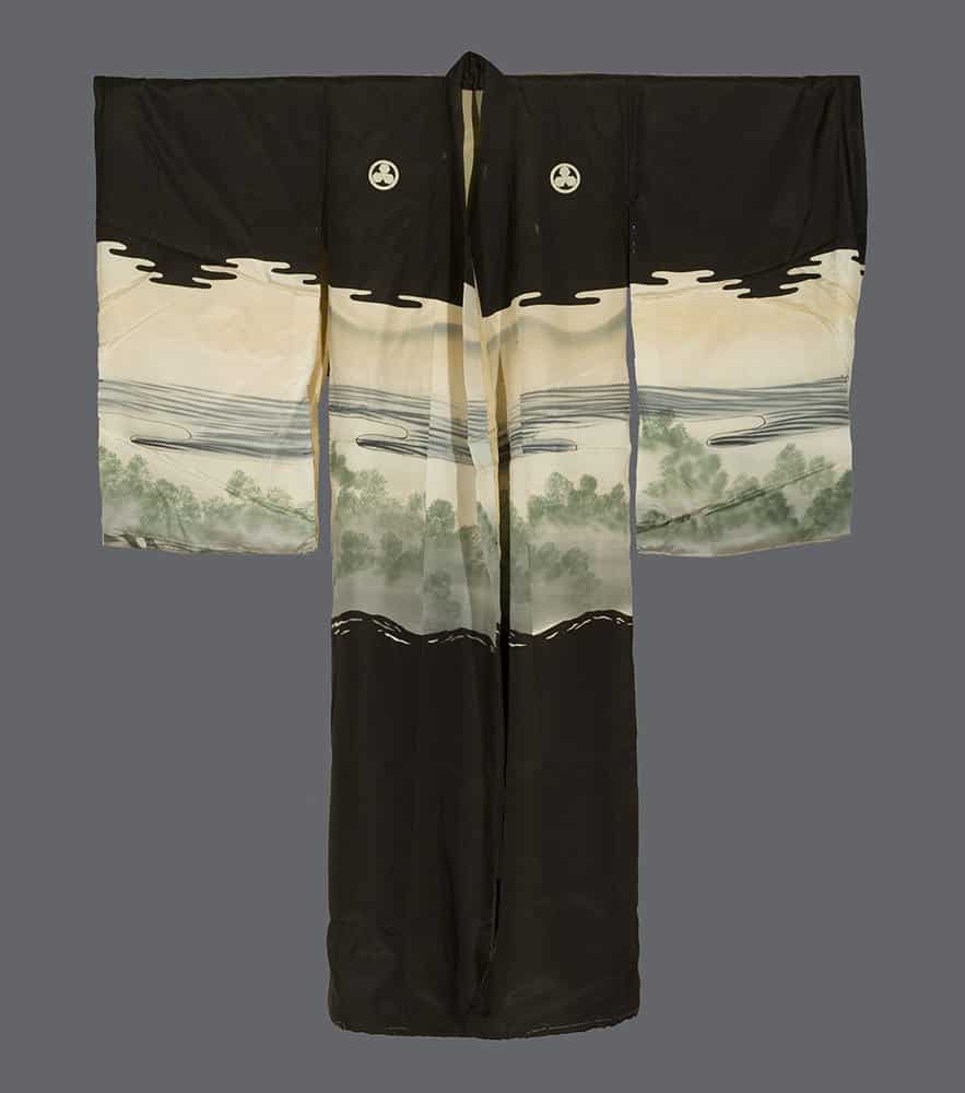 Black and white Japanese kimono with scenic landscape design