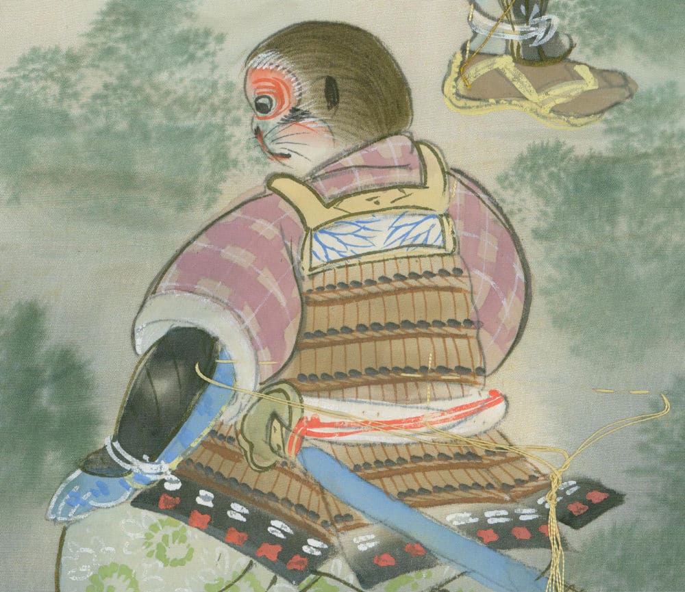 Anthropomorphic mouse samurai in traditional armor sitting on tatami mat