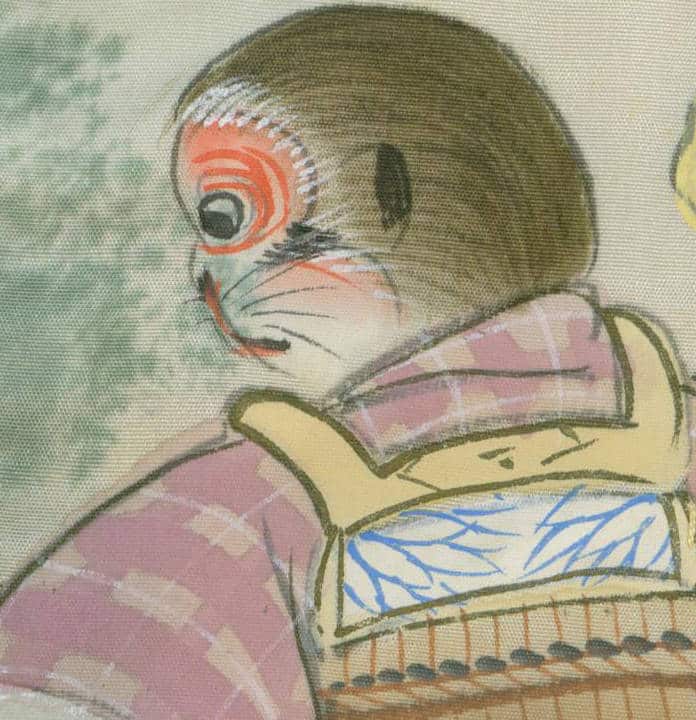 Stylized Japanese illustration of a figure in pink clothing