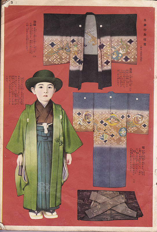 Traditional Japanese clothing illustration showing kimono designs and styled figure