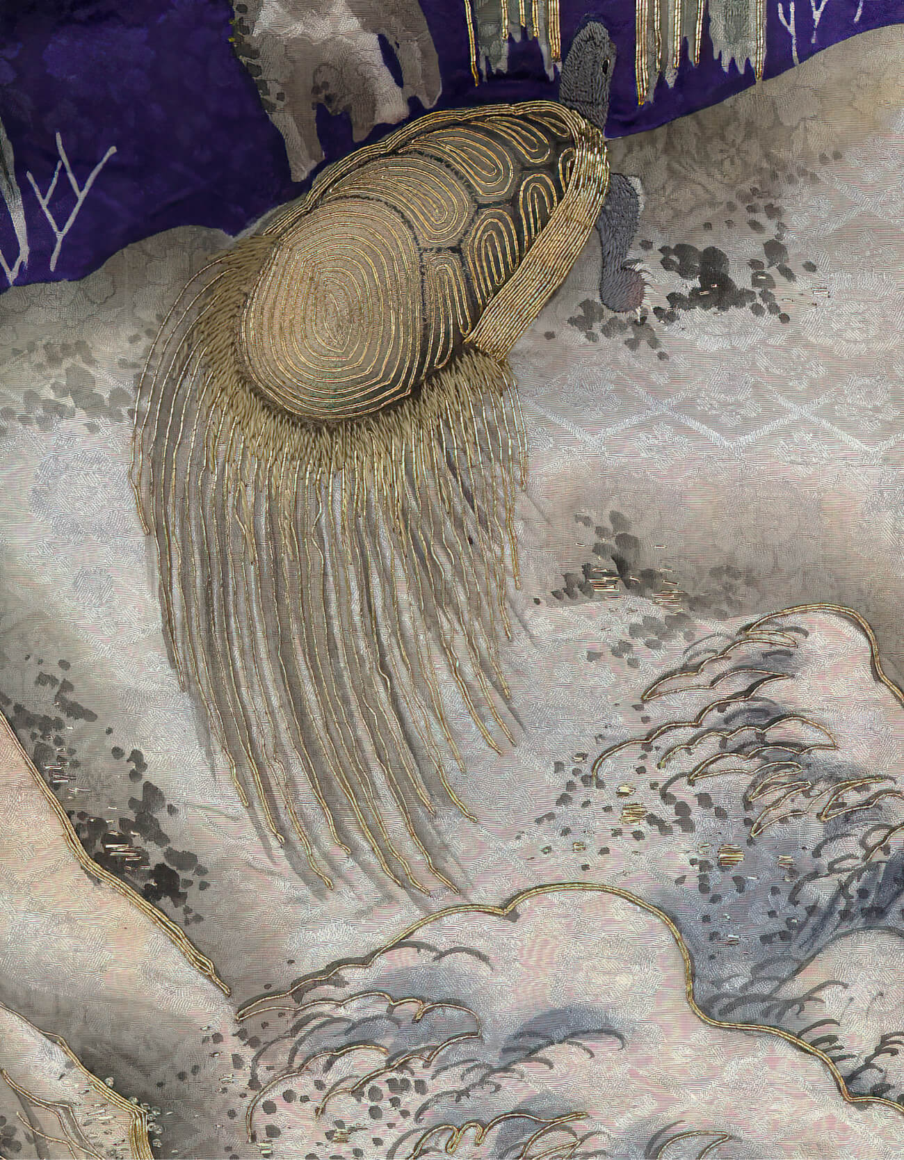 Intricate golden waves and swirling patterns on a textured blue-gray background