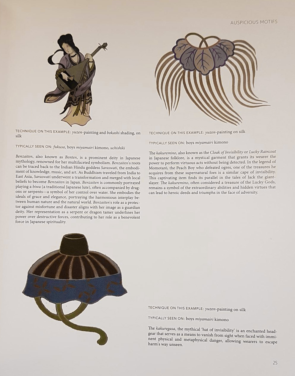 Japanese mythological illustrations of Benzaiten, magical hat, and willow motif