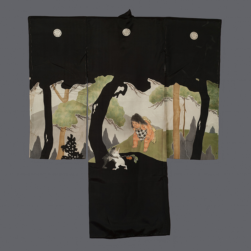 Black Japanese kimono with forest scene and child playing with animal